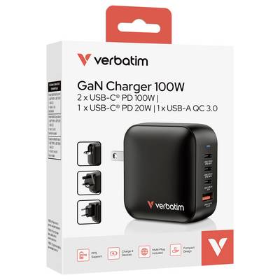 'Verbatim GaN Charger 100W' Verpackung. Ein schwarzes Ladegerät mit drei Anschlüssen: 2x USB-C PD und 1x USB-A QC 3.0. Enthält zwei austauschbare Stecker.