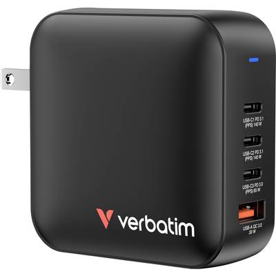 Schwarzes Verbatim-Ladegerät mit vier USB-Anschlüssen, davon drei USB-C und ein USB-A, geeignet für schnelles Laden.