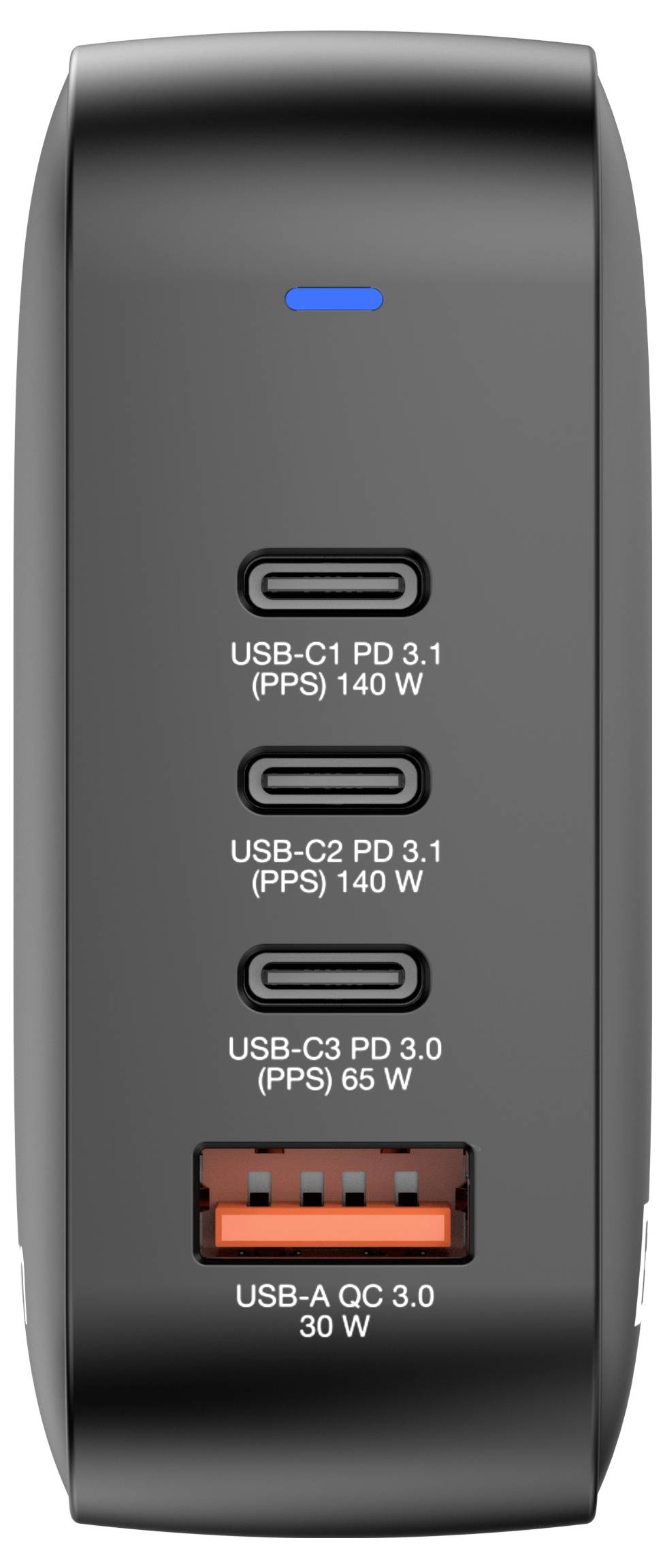 Schwarzes Ladegerät mit vier Anschlüssen: drei USB-C-Ports (zwei mit 140 W, einer mit 65 W) und ein USB-A-Port mit 30 W.