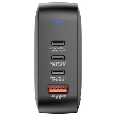Schwarzes Ladegerät mit vier Anschlüssen: drei USB-C-Ports (zwei mit 140 W, einer mit 65 W) und ein USB-A-Port mit 30 W.