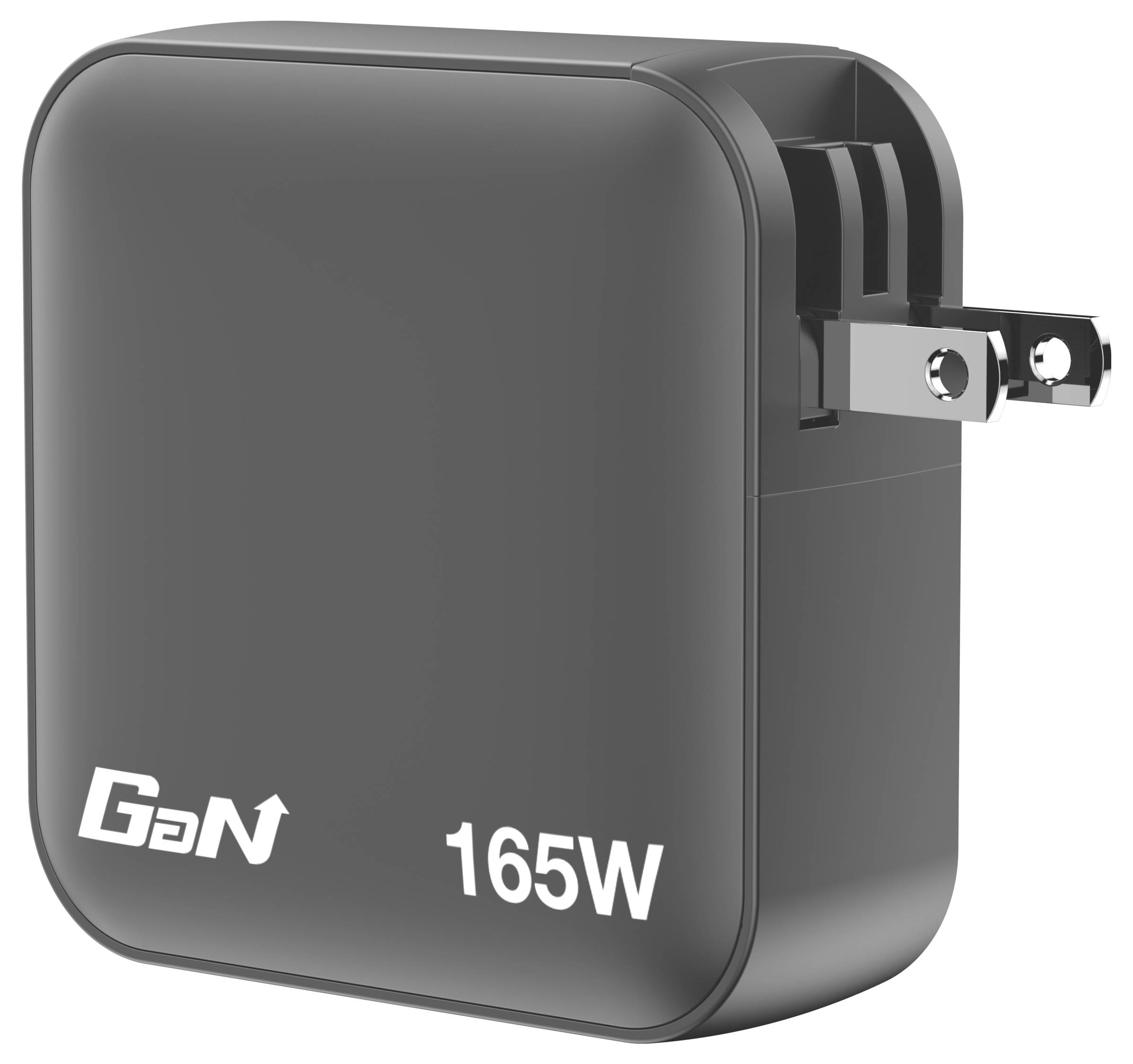 Ein schwarzes 165W GaN-Ladegerät mit US-Steckerteil, geeignet für schnelles Aufladen verschiedener elektronischer Geräte.