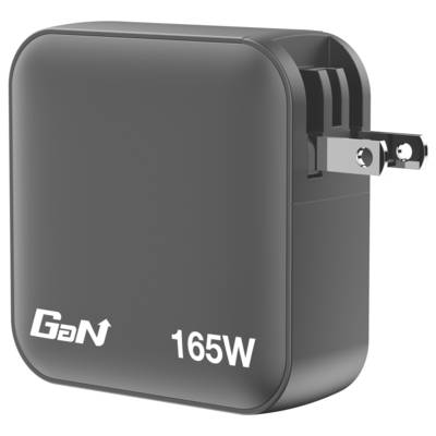 Ein schwarzes 165W GaN-Ladegerät mit US-Steckerteil, geeignet für schnelles Aufladen verschiedener elektronischer Geräte.