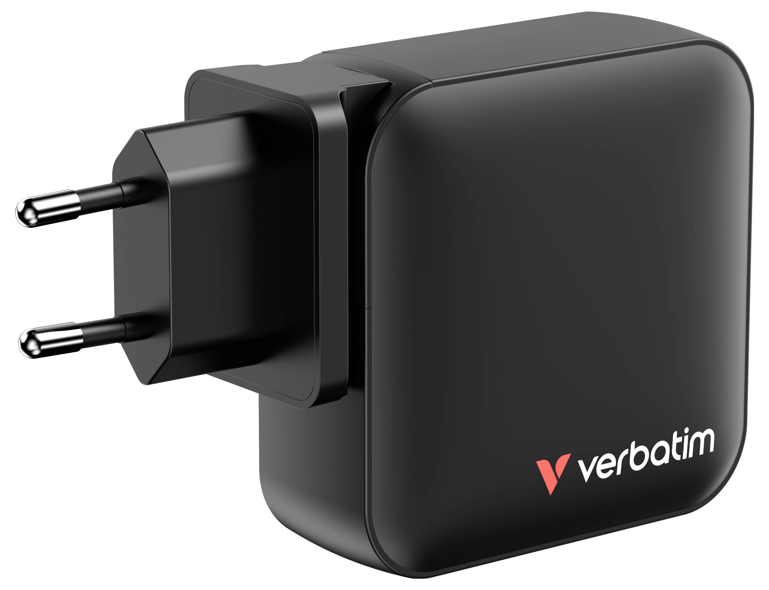 Schwarzes, rechteckiges USB-Ladegerät mit zwei Steckdosenstiften, markiert mit 'verbatim' und einem roten Logo auf der Vorderseite.