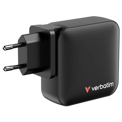 Schwarzes, rechteckiges USB-Ladegerät mit zwei Steckdosenstiften, markiert mit 'verbatim' und einem roten Logo auf der Vorderseite.