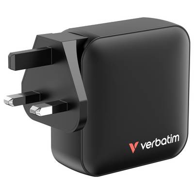 Schwarzer Netzadapter mit britischem Stecker und Verbatim-Logo, geeignet zum Aufladen elektronischer Geräte.