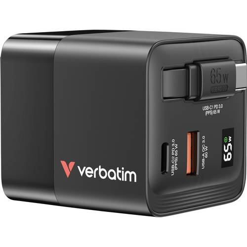 Verbatim GaN Charger 65 W Reiseladeadapter 65 W 1x USB-A, 1x USB-C® USB PD, USB PD 3.0, QC 3.0 Schwarz Schnellladegerät,...