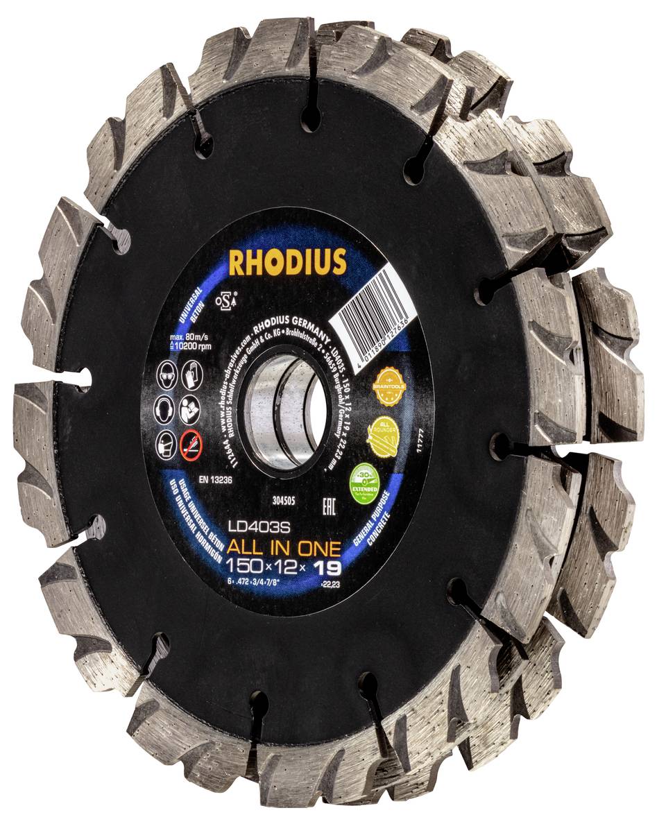 Industriescheibe mit der Aufschrift 'Rhodius'. Größe: 150x12x19 mm. Ziel: Schneiden von Materialien, vielseitige Anwendungen.