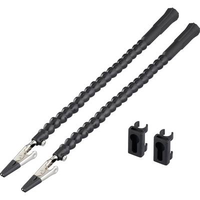 Zwei schwarze, flexible Haltearme mit Krokodilklemmen und zwei schwarze Steckhalterungen.