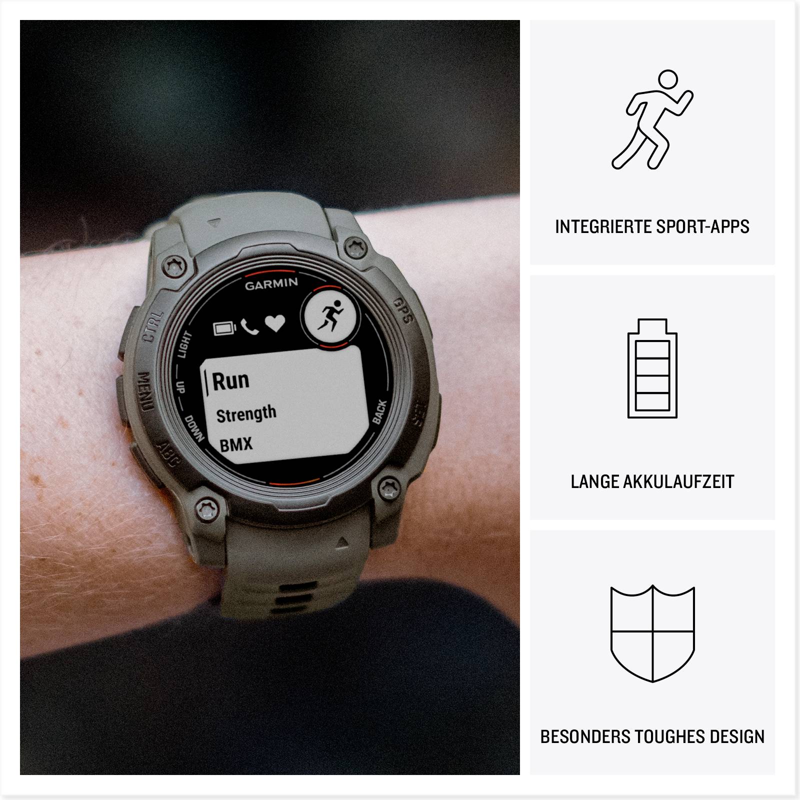 Smartwatch am Handgelenk zeigt Sportmodi an. Nebenanzeigen: 'Integrierte Sport-Apps', 'Lange Akkulaufzeit', 'Besonders toughes Design'.