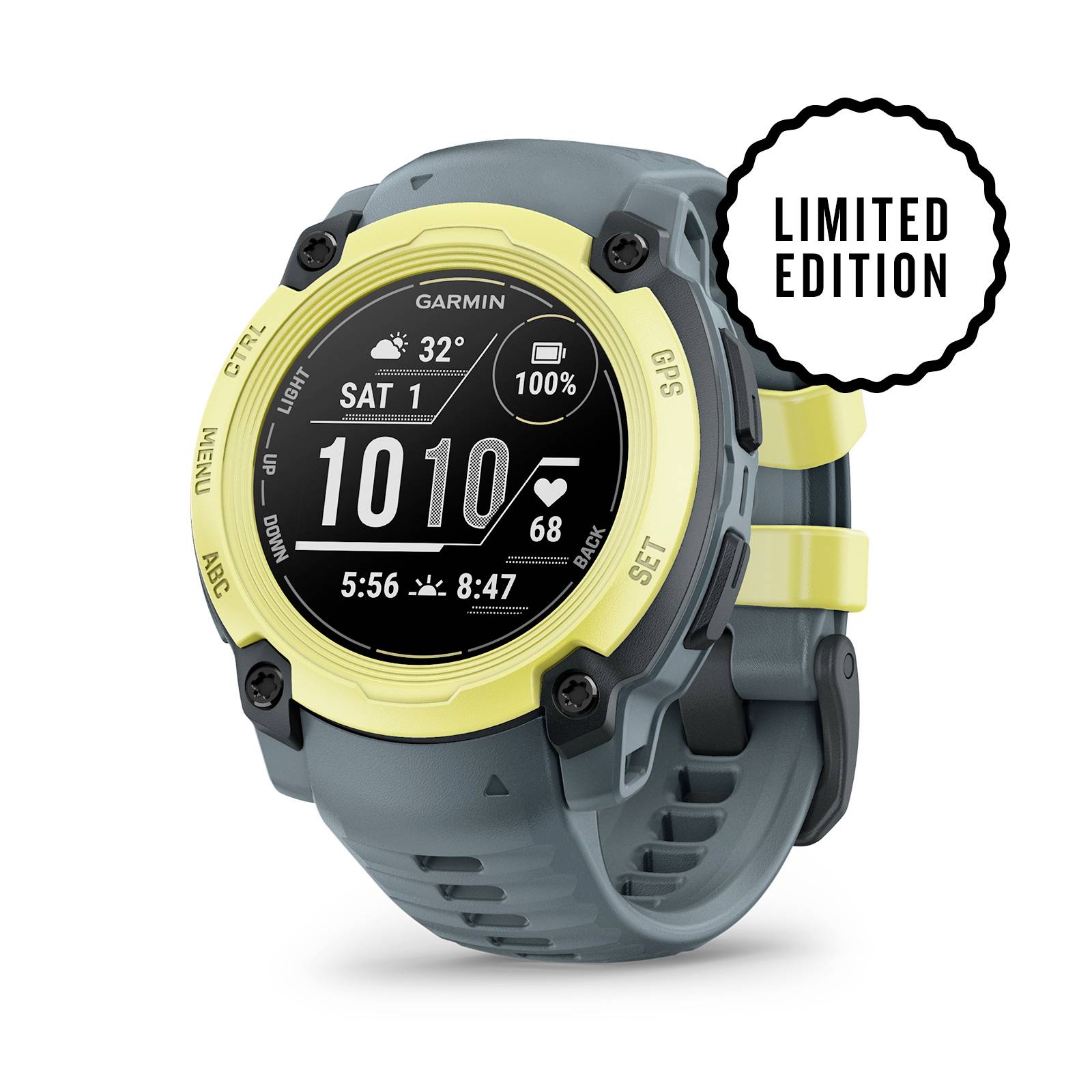 Eine Garmin GPS-Uhr in Gelb und Grau, Anzeige von Datum und Uhrzeit. Text 'LIMITED EDITION' in einem kreisförmigen Label oben rechts.
