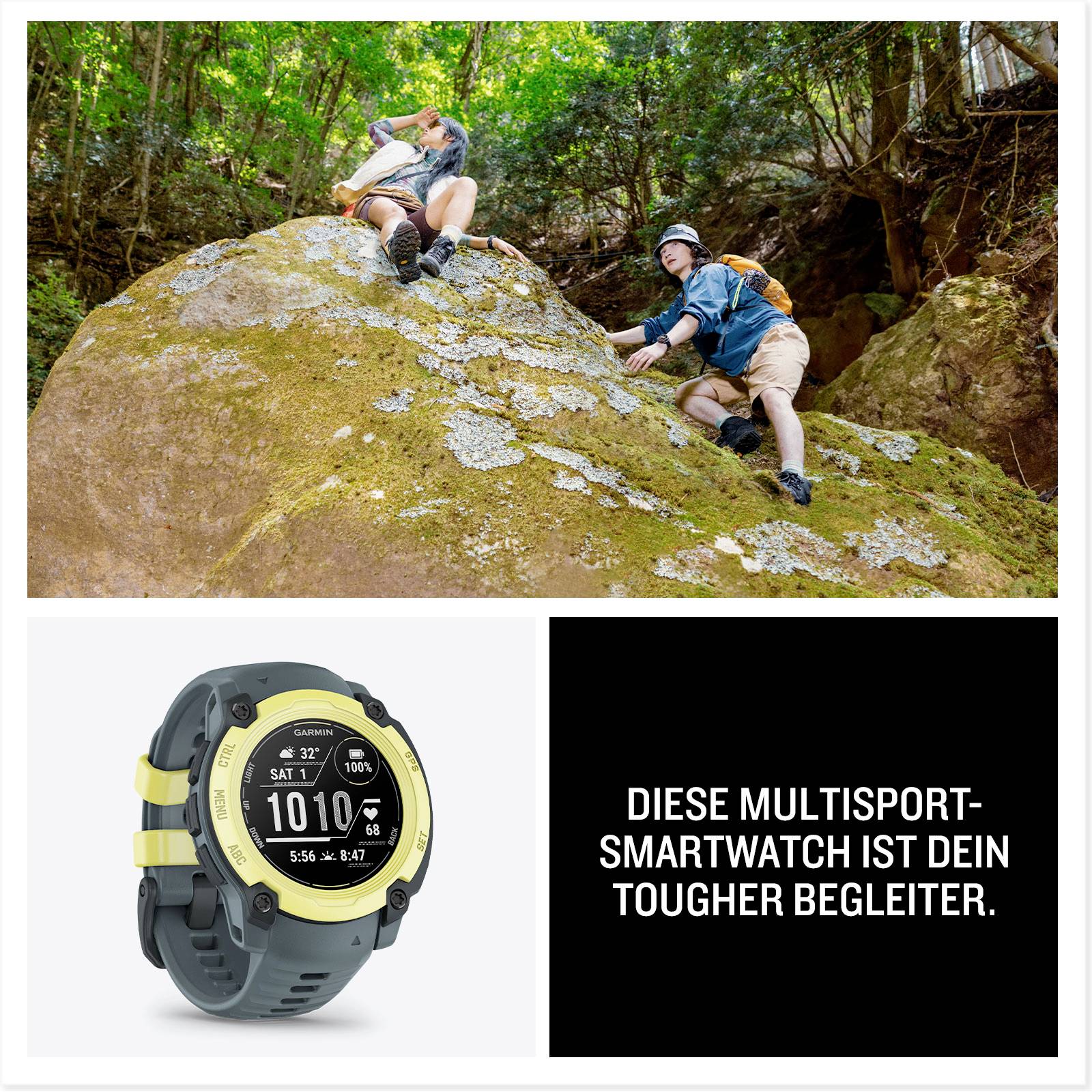 Zwei Wanderer sitzen auf einem großen Felsen in einem Wald. Unten eine Smartwatch mit robustem Design. Text: 'Diese Multisport-Smartwatch ist dein tougher Begleiter.'