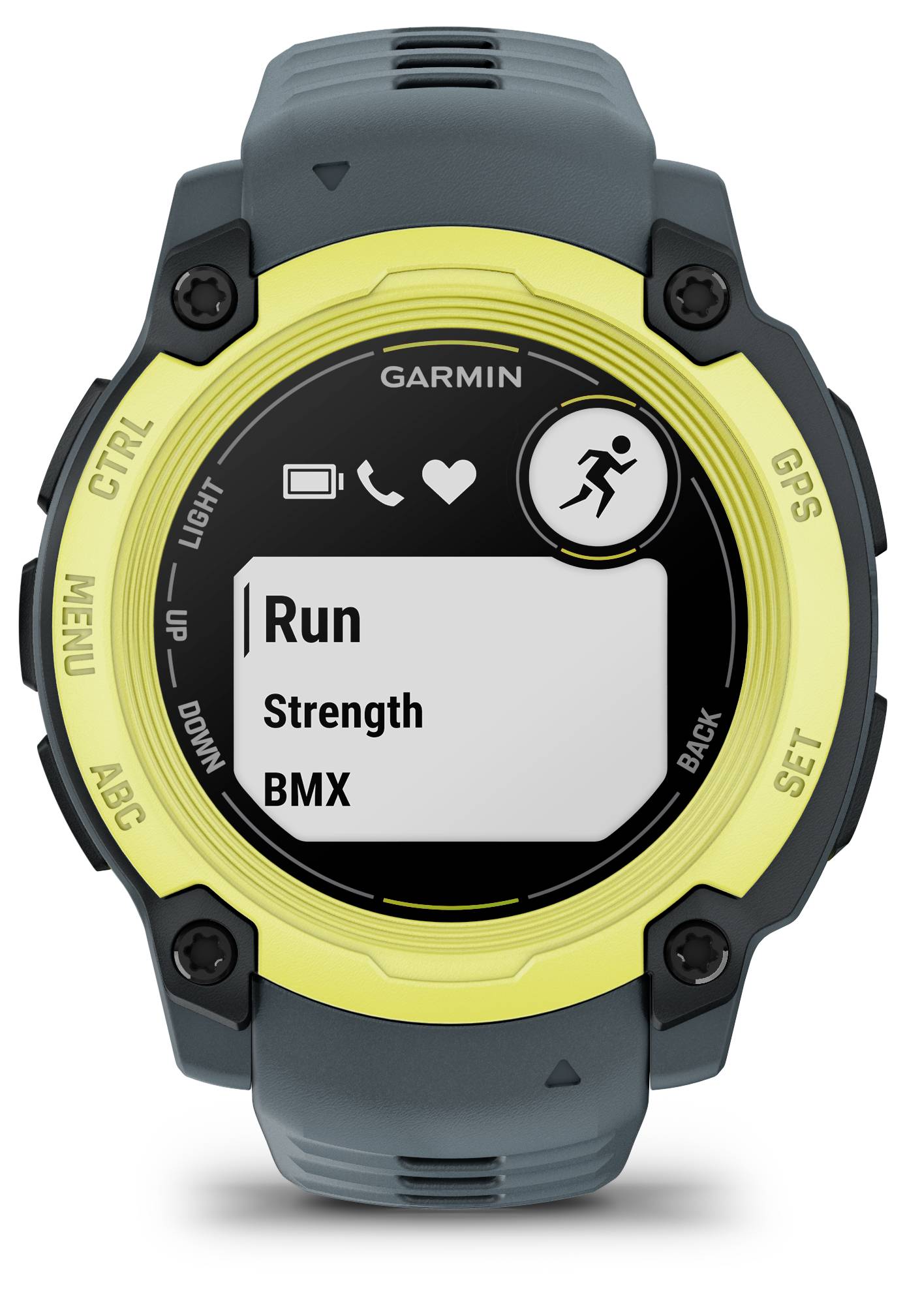 Eine Sportuhr mit gelbem Rahmen und grauem Band zeigt die Optionen 'Run', 'Strength' und 'BMX' auf dem Display.