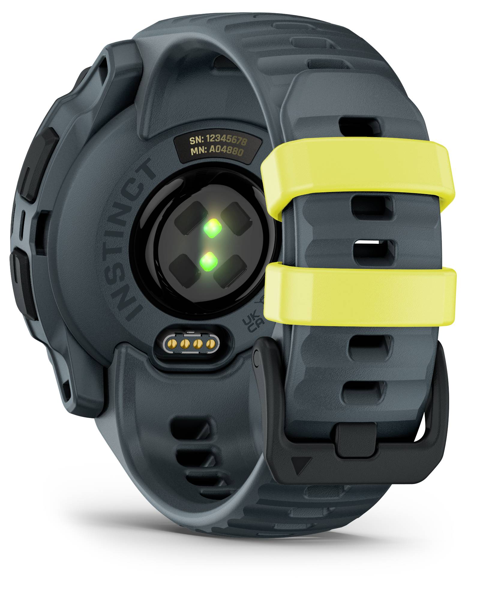 Eine dunkelgraue Outdoor-Uhr mit gelbem Armband zeigt Sensoren auf der Unterseite zur Herzfrequenzmessung, robustes Design.