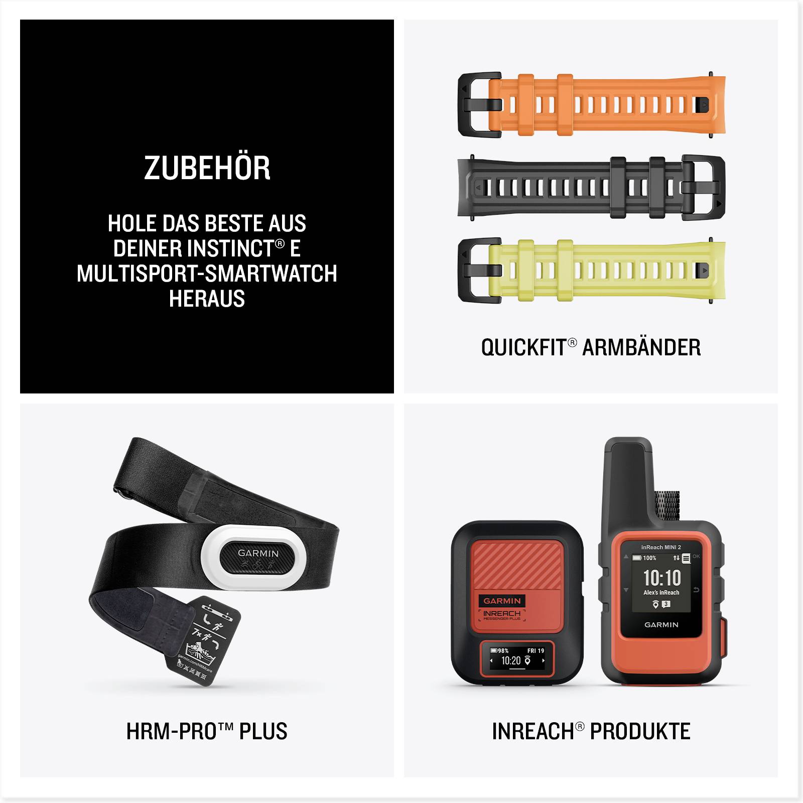 Oben links steht 'Zubehör: Hole das Beste aus deiner Instinct® E Multisport-Smartwatch heraus'. Rechts QuickFit® Armbänder. Unten links HRM-Pro™ Plus. Unten rechts InReach Produkte.