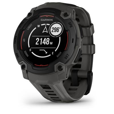 Eine robuste Smartwatch zeigt eine Höhenanzeige von 2148 Metern und einen Kompass mit der Richtung 296 Grad an.
