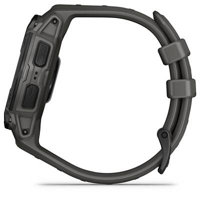 Eine digitale, robuste Outdoor-Uhr mit grauem Gehäuse und Armband, seitlich dargestellt, betont die widerstandsfähige Bauweise.
