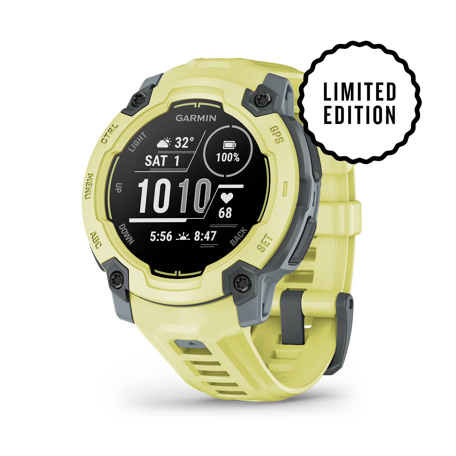 Gelbe Smartwatch mit rundem Display zeigt Datum, Uhrzeit und Aktivitätsdaten. Aufkleber rechts oben mit 'LIMITED EDITION'.