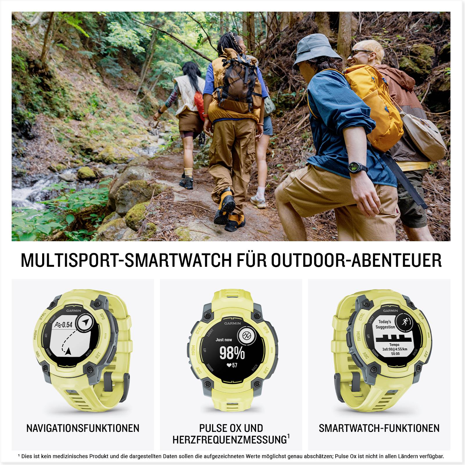 Eine Gruppe wandert auf einem Waldweg. Unten sind drei Smartwatch-Modelle abgebildet mit Funktionen: Navigation, Pulsoximeter und Smartwatch-Features. Text: 'Multisport-Smartwatch für Outdoor-Abenteuer'.