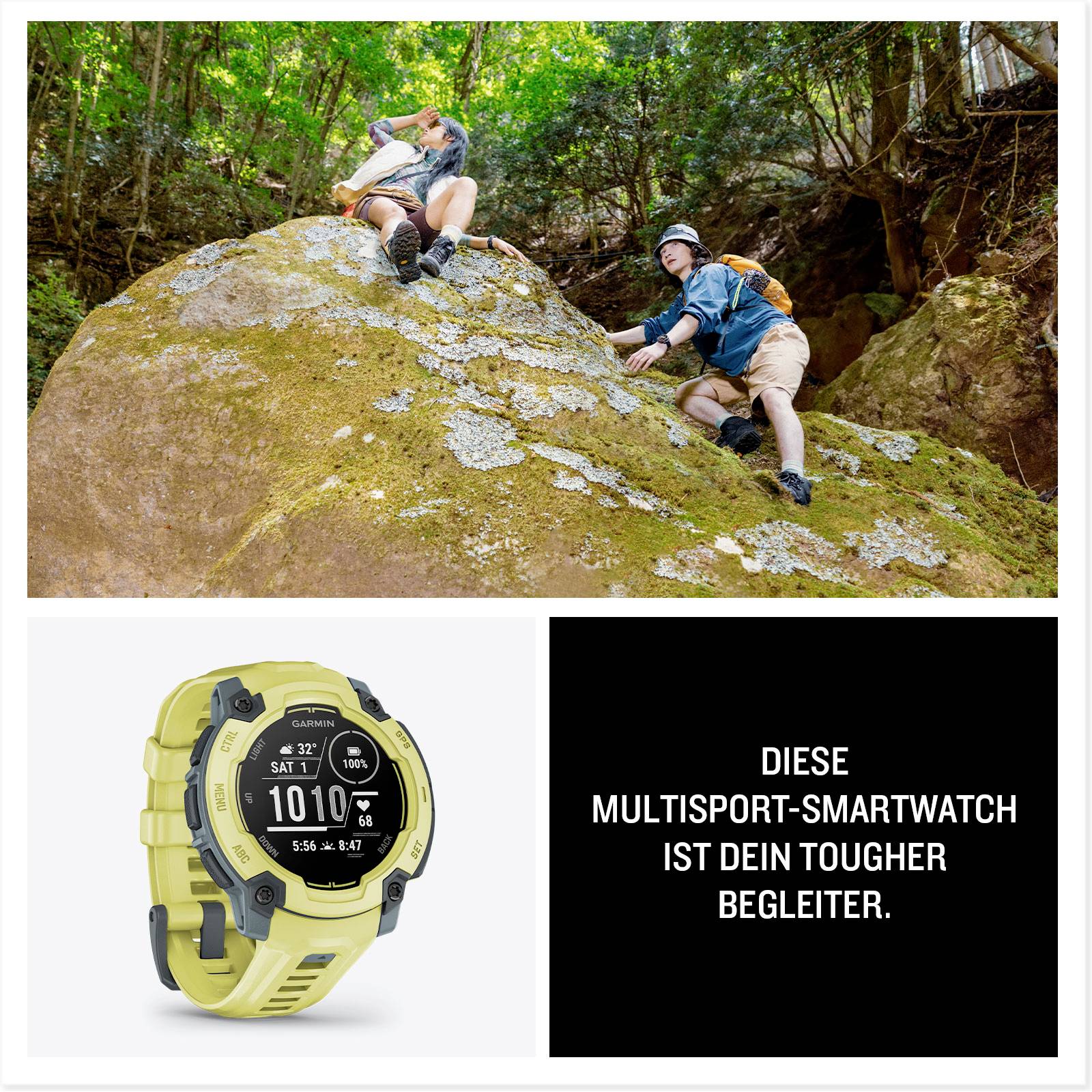 Eine gelbe Multisport-Smartwatch mit Höhenmesser und Kompass wird im Freien getragen. Zwei Personen klettern auf einem Felsen. Text: 'Diese Multisport-Smartwatch ist dein tougher Begleiter.'