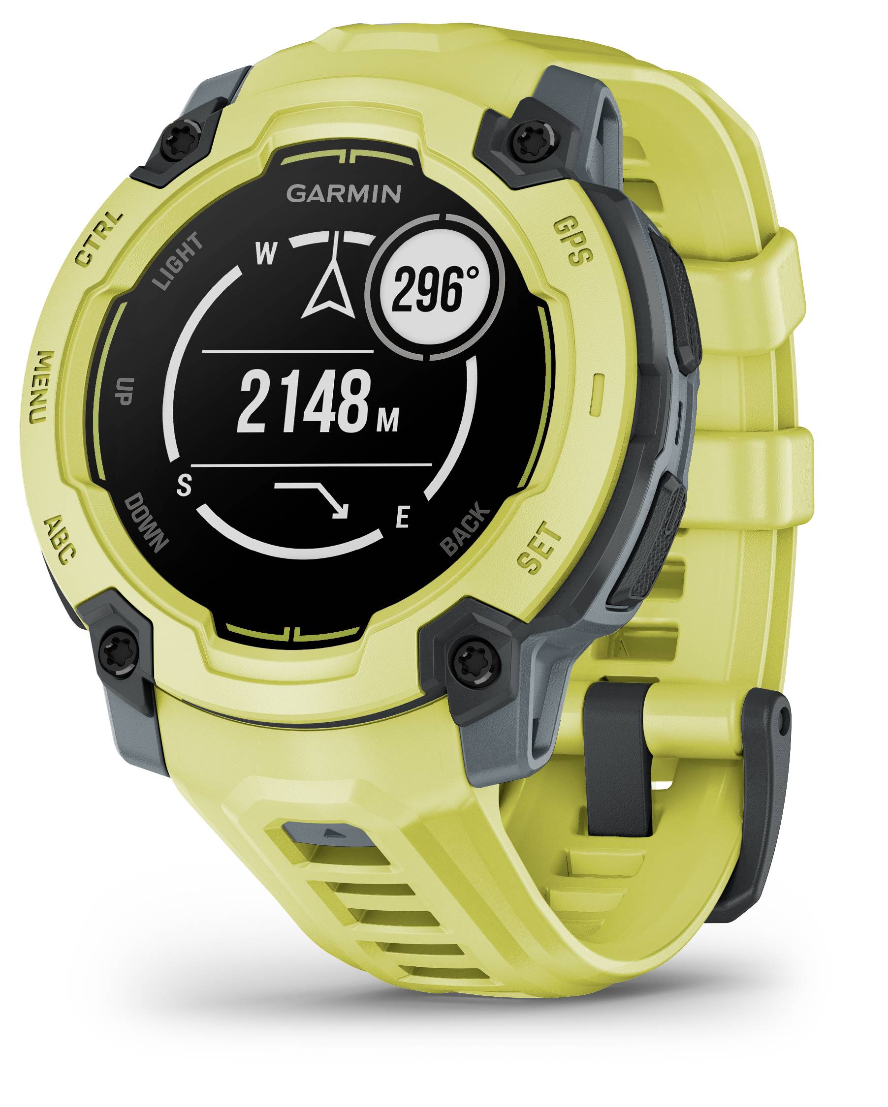 Gelbe Outdoor-Smartwatch mit robustem Gehäuse. Auf dem Display wird eine Kompassanzeige mit Kurs '296°' und Höhe '2148 m' gezeigt.