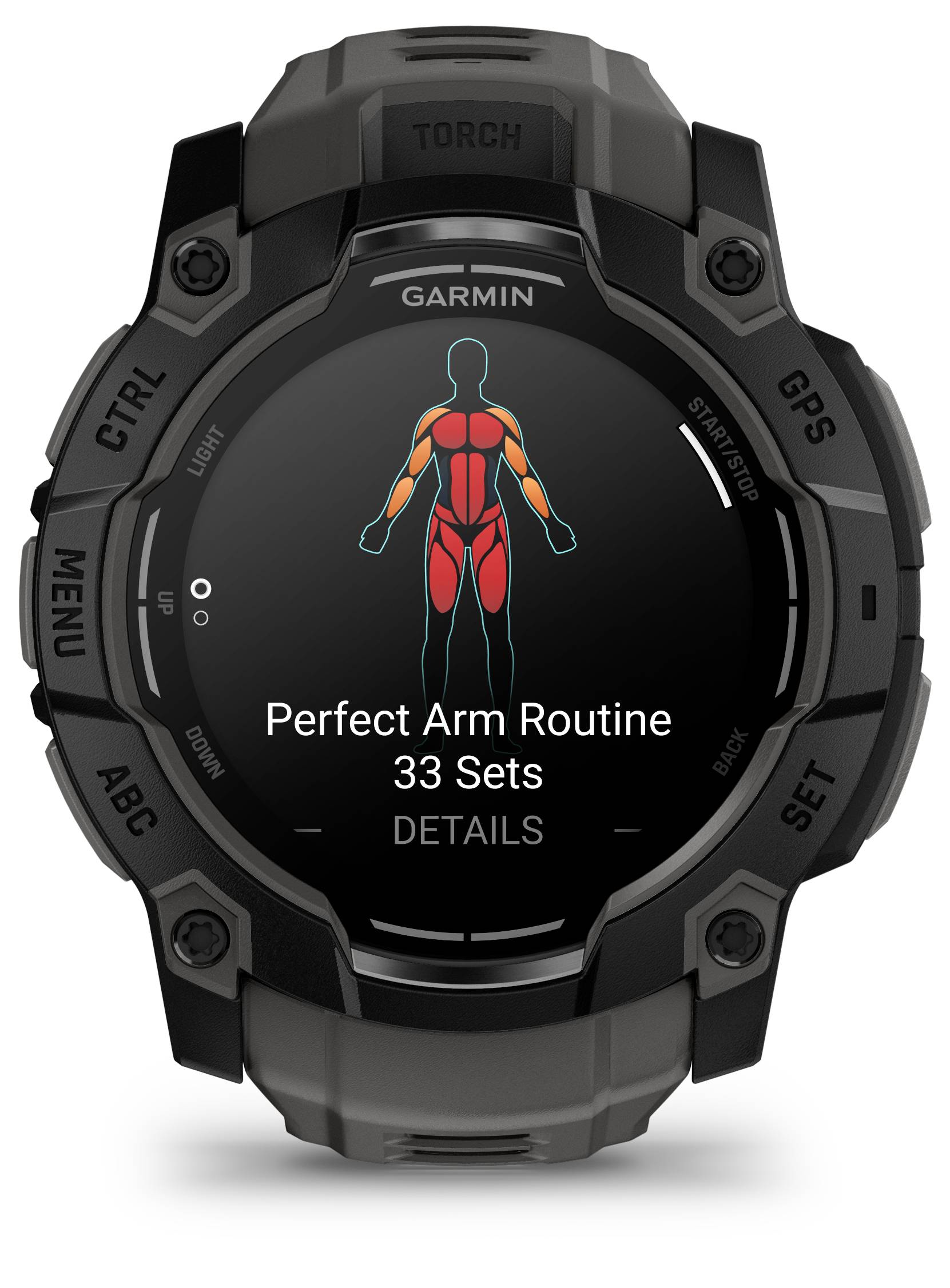 Smartwatch mit Anzeige eines Trainingsprogramms für Arme, 33 Sätze. Auf dem Display ist eine schematische Figur mit hervorgehobenen Muskeln.