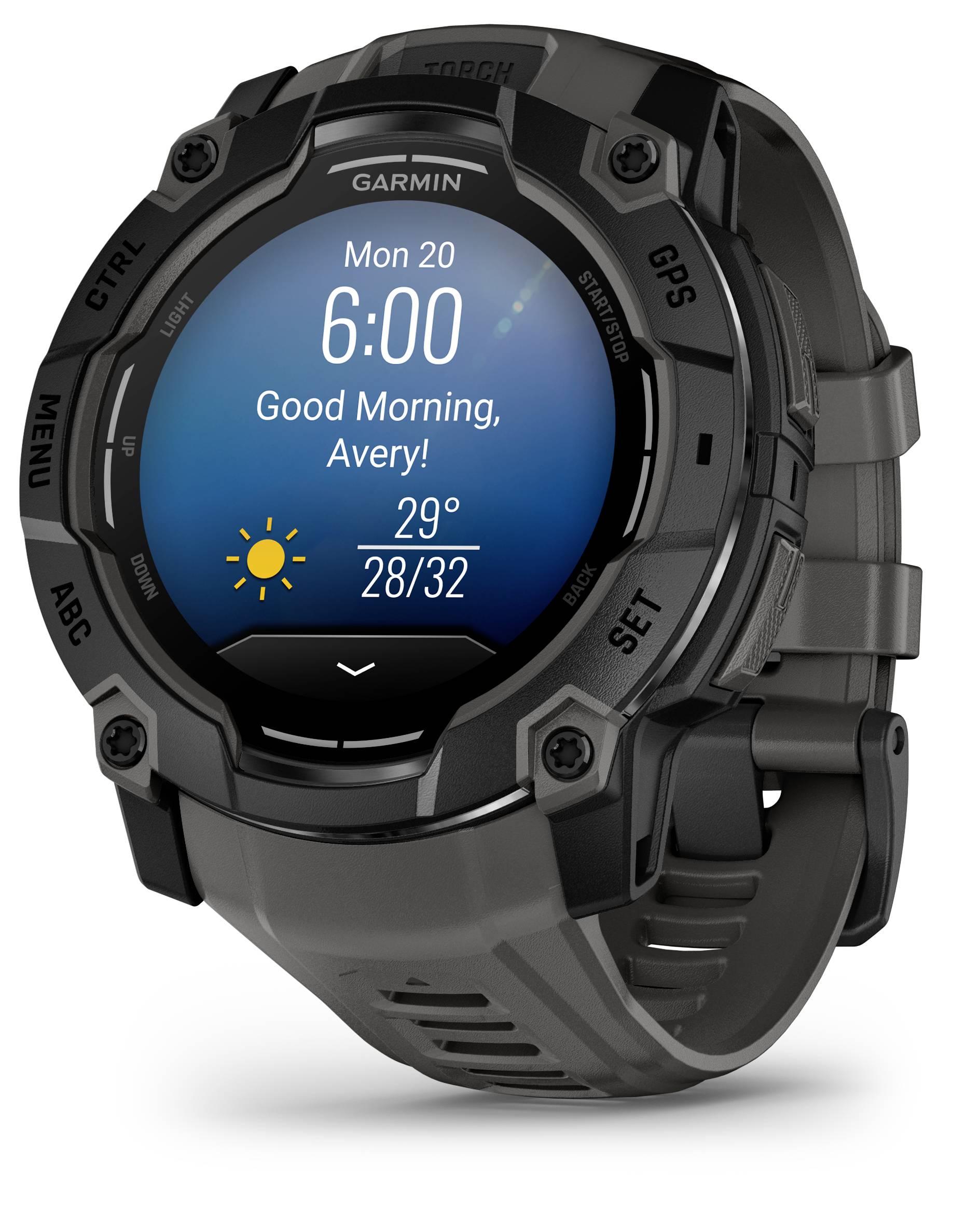 Eine schwarze Smartwatch zeigt die Uhrzeit 6:00 und die Nachricht 'Good Morning, Avery!' an, mit Wetterinfo: sonnig, 29 Grad.