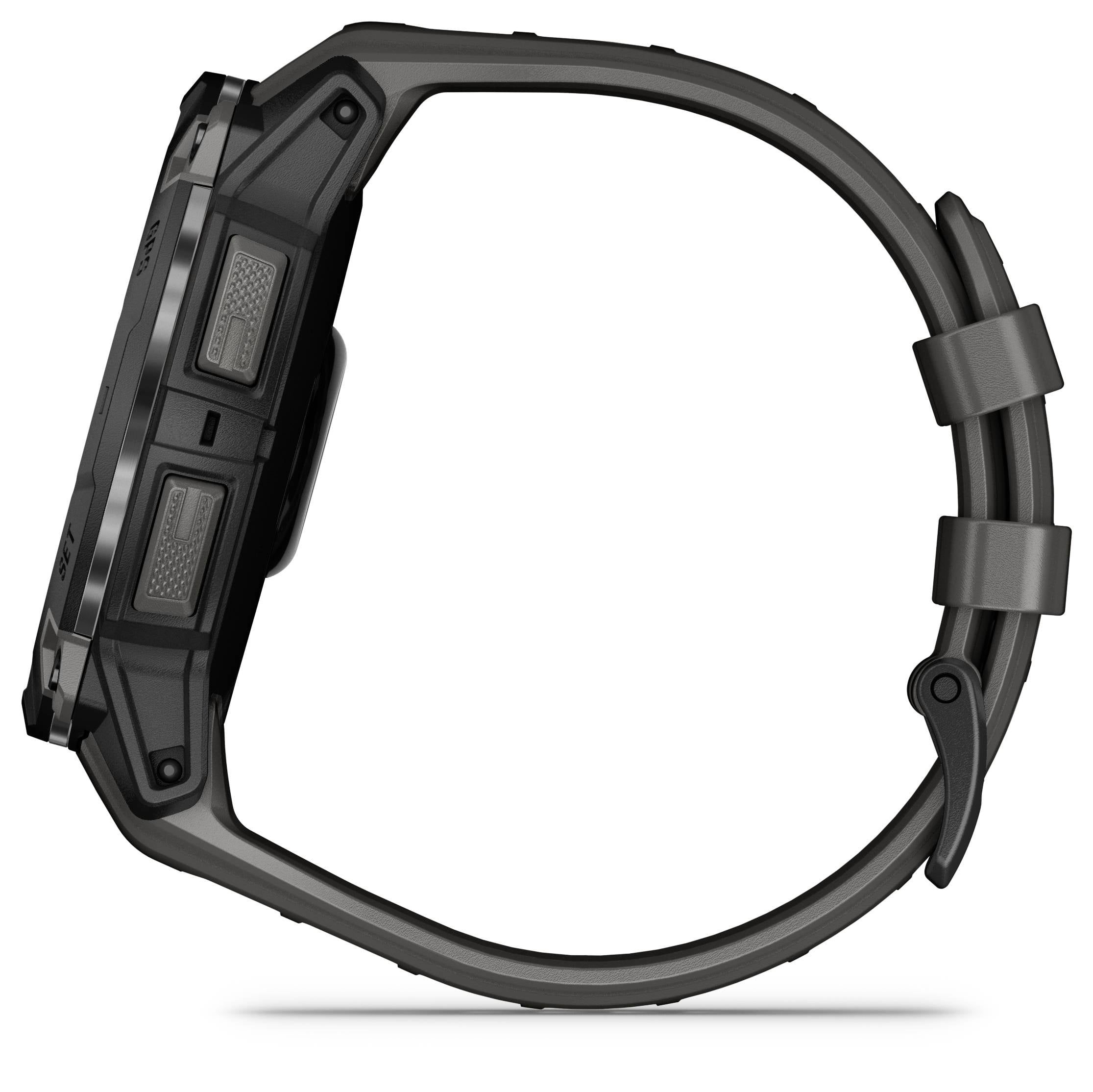 Schwarze, robuste Armbanduhr mit rechteckigem Zifferblatt und mehreren Knöpfen an der Seite. Das Armband hat eine Dornschließe.