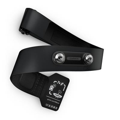 Schwarzer Brustgurt mit Sensoren von Garmin zur Herzfrequenzmessung, auf der Innenseite Symbole und Webseite-Hinweis.