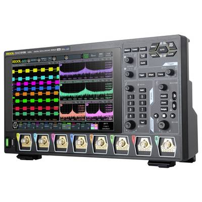 Ein digitales Oszilloskop mit acht Kanaleingängen und einem Farbdisplay, das Signalmuster und Frequenzanalysen zeigt.