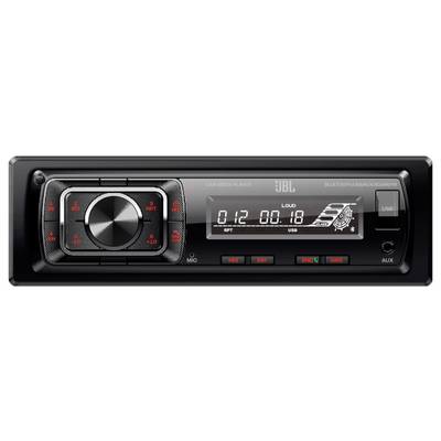 Autoradio mit Display, Drehregler und Tasten für Lautstärke, Wiedergabe und Einstellungen; USB- und AUX-Anschlüsse sichtbar.