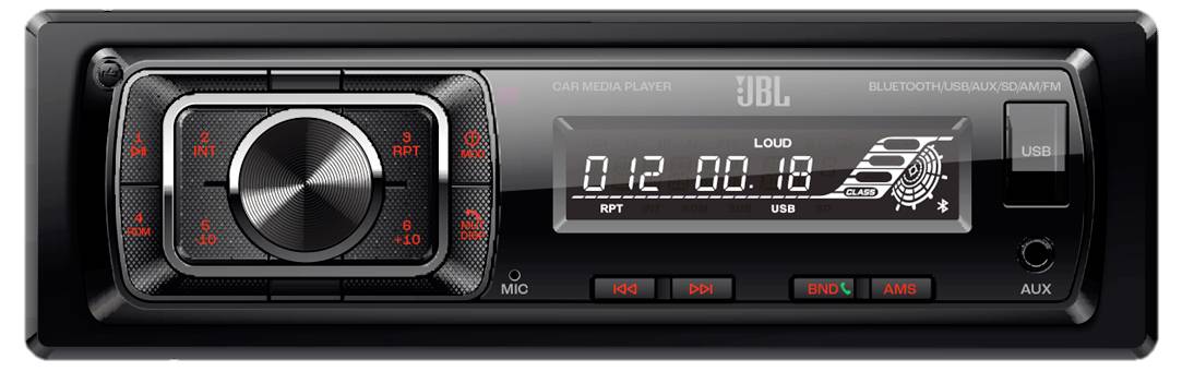 Autoradio mit Display zeigt '01 2 00 18 RPT USB', Knöpfe und Drehregler vorhanden. Markiert mit 'JBL'. Audioquelle: USB.