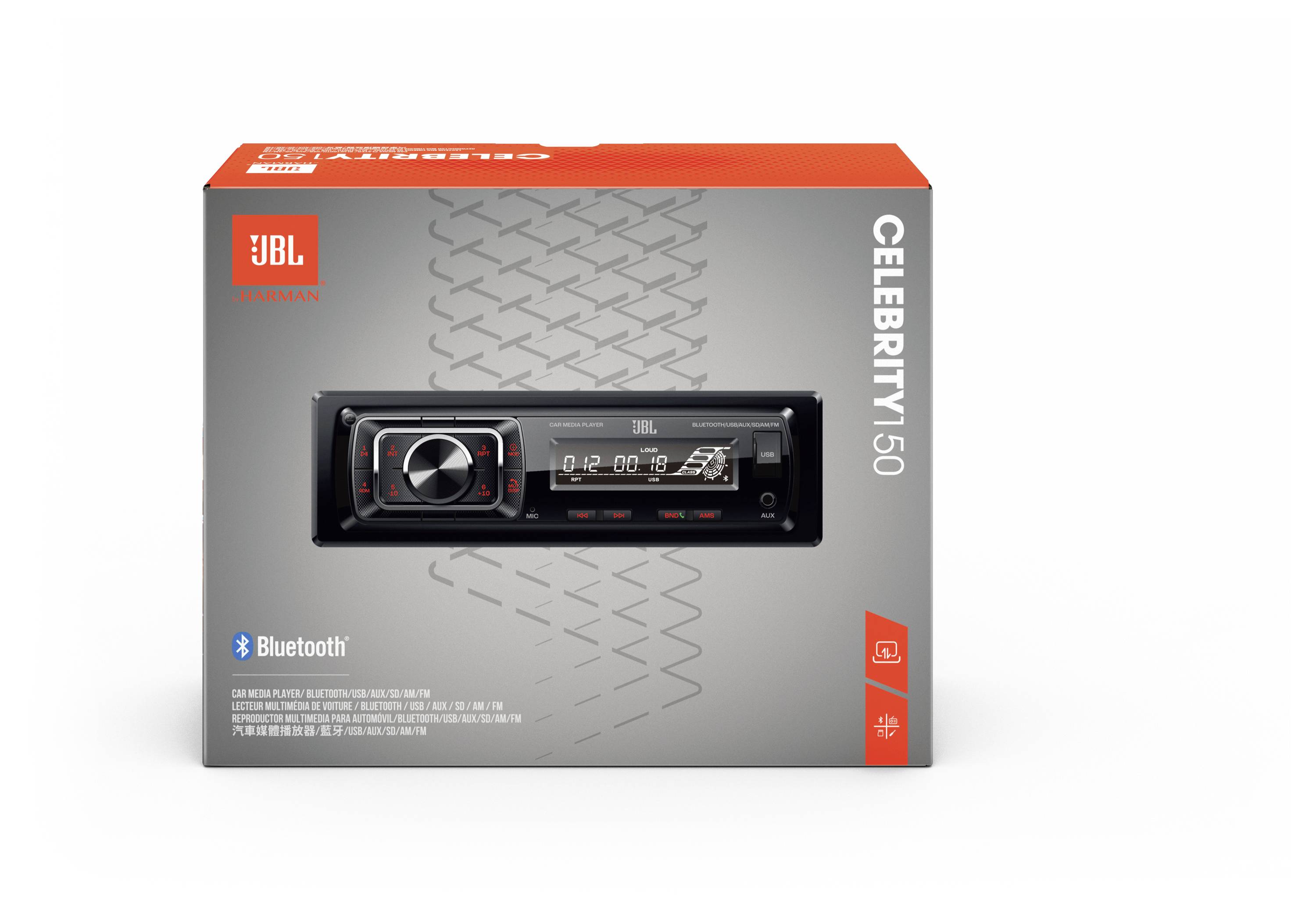 Eine rote Verpackung zeigt das Autoradio-Modell 'JBL Celebrity 150' mit Bluetooth-Funktion. Anzeigen und Tasten sind in der Abbildung sichtbar.