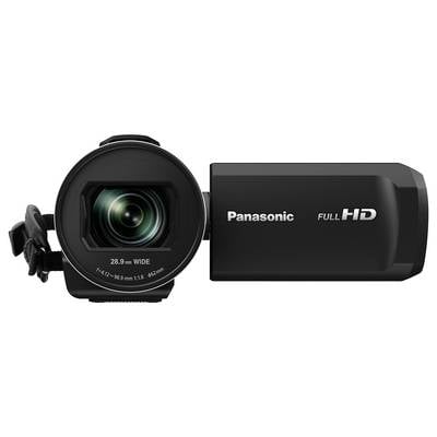 Eine schwarze Videokamera mit der Aufschrift 'Panasonic FULL HD'. Die Linse zeigt nach vorne, Klappen sind geöffnet.