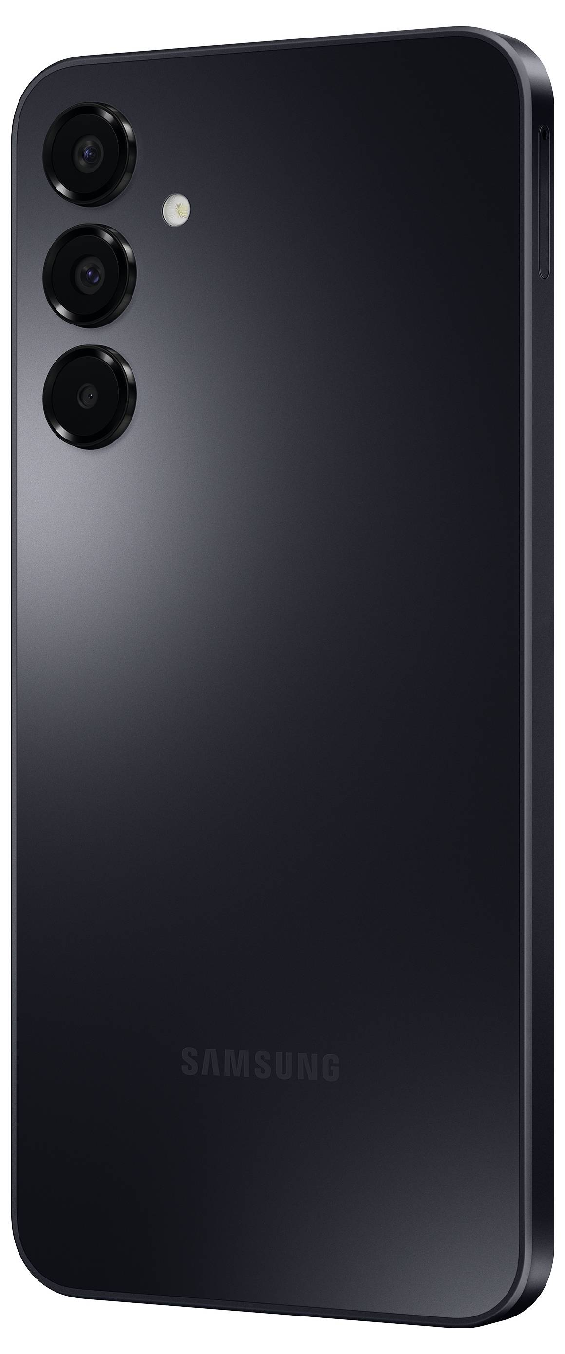 Schwarzes Smartphone mit drei Kameras auf der Rückseite. Beleuchteter LED-Blitz daneben. Glatte, minimalistische Oberfläche.