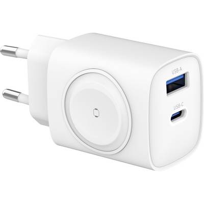 Ein weißes Ladegerät mit zwei Anschlüssen: USB-A und USB-C. Entworfen für europäische Steckdosen.