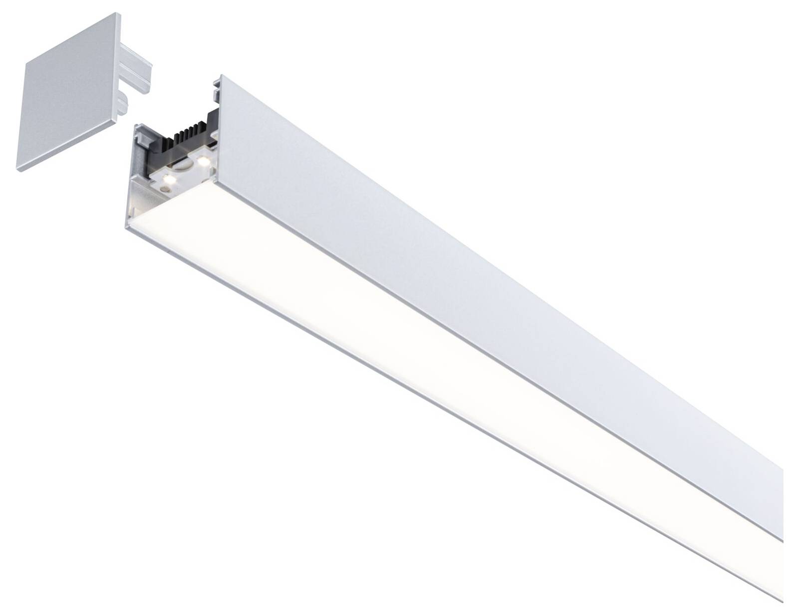Deckenleuchte mit modernem silbernen Lineardesign. Sichtbare LED-Leuchtstreifen, links ist eine Abdeckung leicht gehoben.