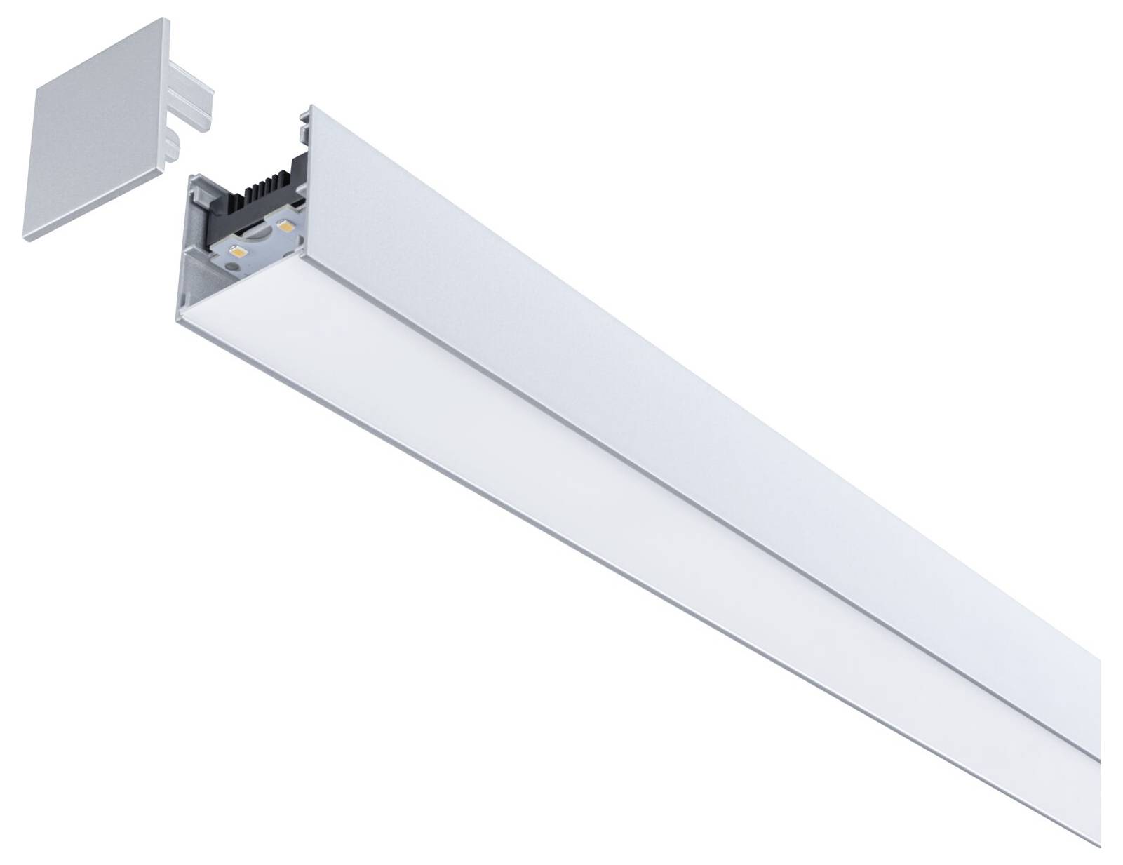 Eine moderne, lineare LED-Leuchte mit abnehmbarem Endstück, zeigt das Innere der Konstruktion und elektrische Kontakte.