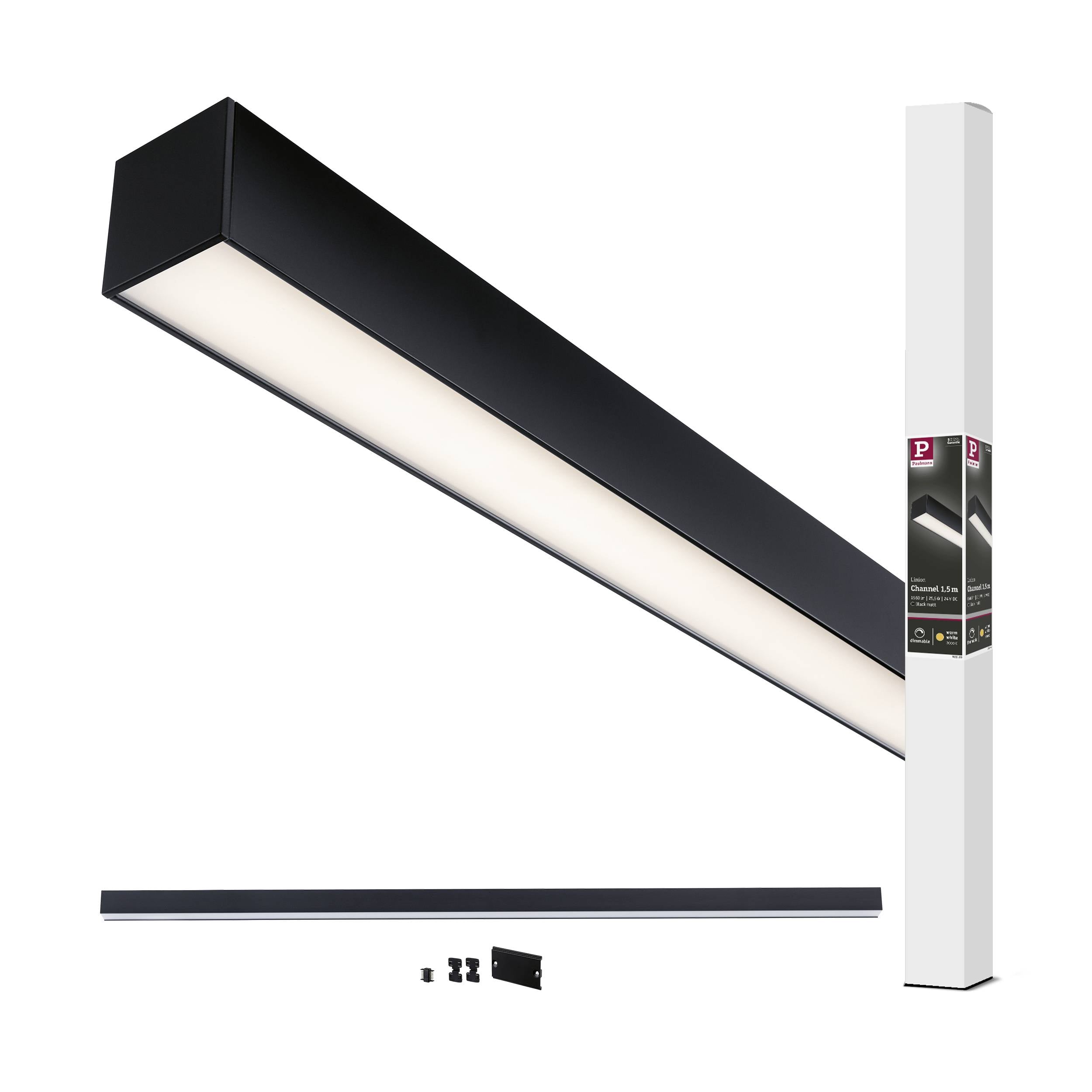 Schwarzer LED-Lichtbalken, länglich, mit Verpackung und Befestigungselementen gezeigt. Ideal für moderne Innenbeleuchtung.