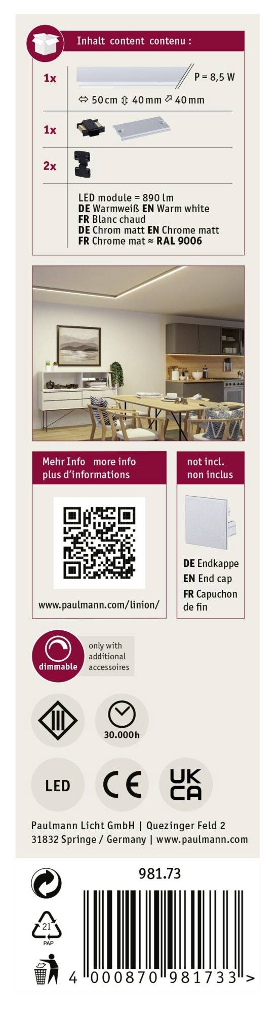 'Packungsinhalt: 1x LED-Pendellampe, 2x Schrauben. LED-Modul: 8,5W, 650lm, 3000K. Bild einer Küche mit Lampe. QR-Code für mehr Infos online.'