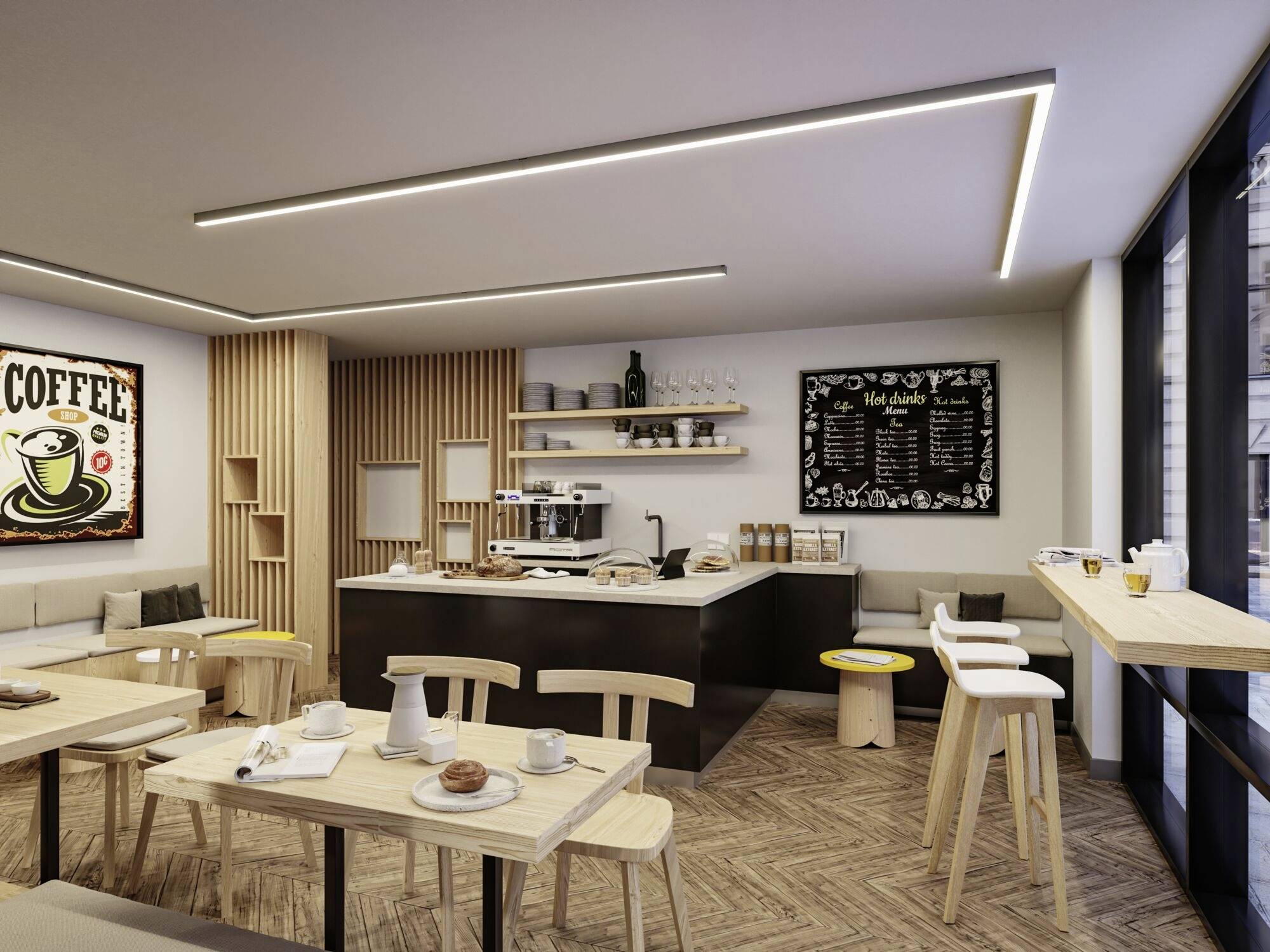 Gemütliches Café mit Holzmöbeln, einer Kaffeetheke und einer großen Menütafel an der Wand. Einige Tische sind mit Geschirr gedeckt.