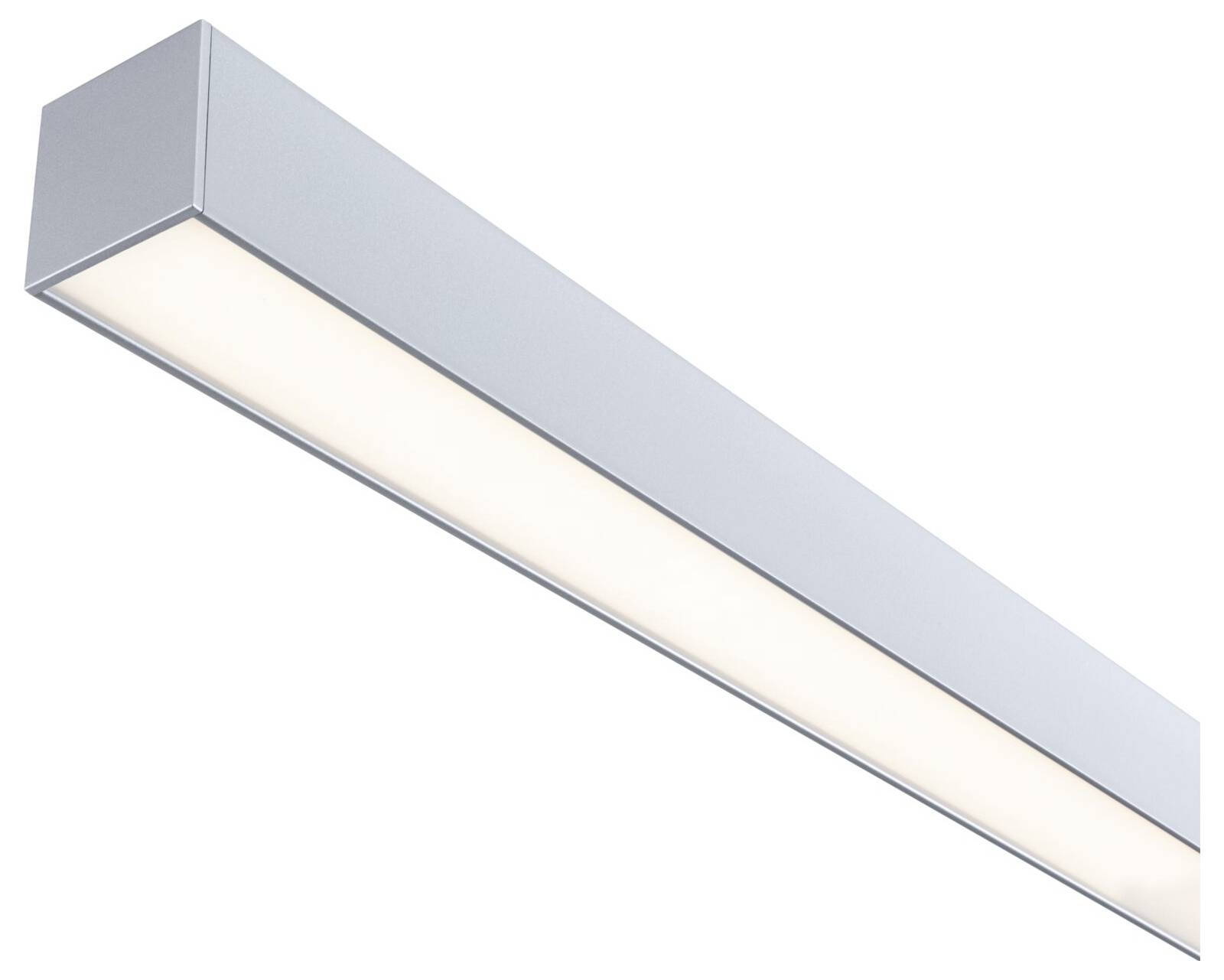 Schlanke, rechteckige LED-Leuchte mit metallischem Gehäuse, strahlt gleichmäßiges Licht aus. Ideal für moderne Arbeitsplätze.