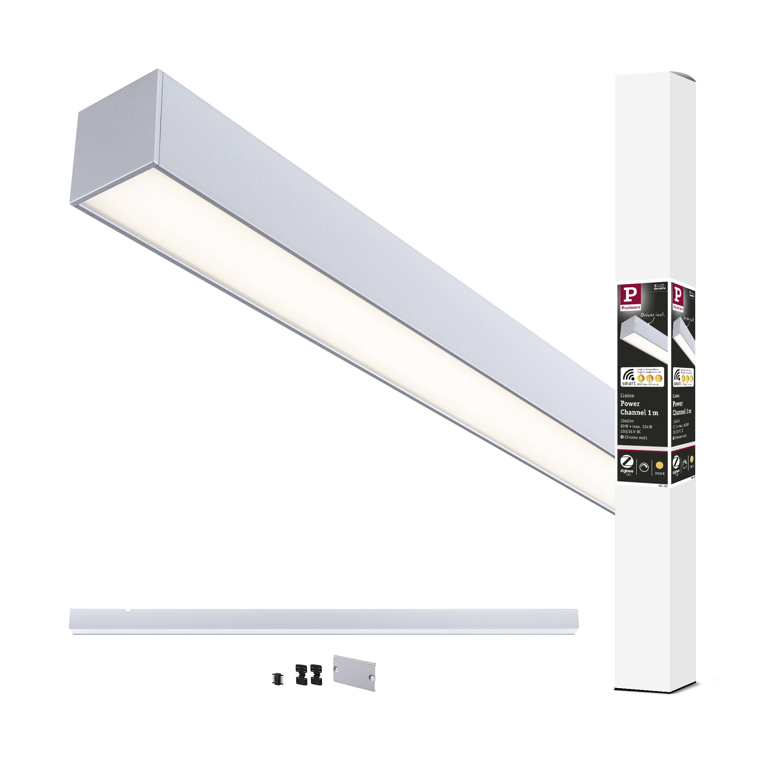 LED-Leuchte in rechteckiger Form mit silbernem Gehäuse. Enthält Montagematerial und Verpackung mit Produktinformationen. Geeignet für Bürobeleuchtung.