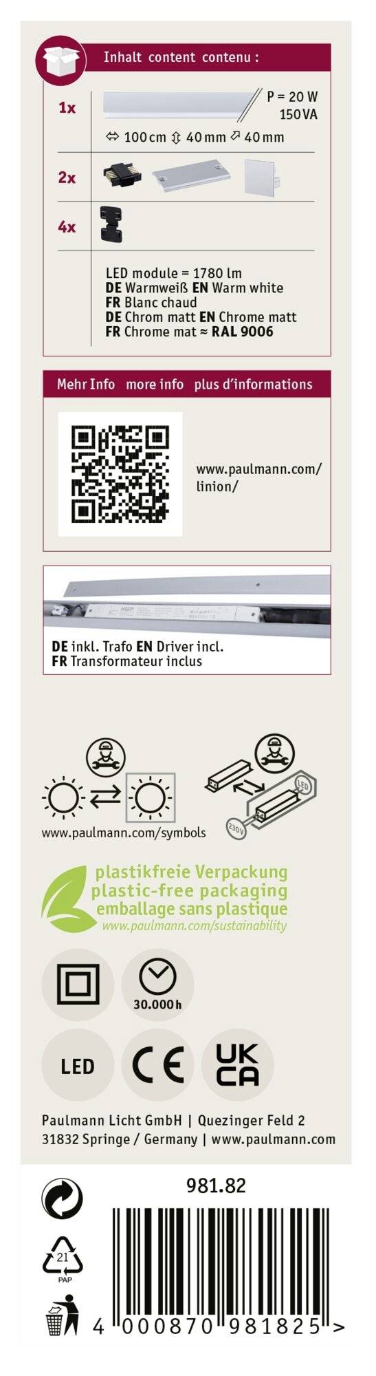 Paketinhalt: 1x LED-Modul, 2x Verbindungselemente, 4x Schrauben. Enthält QR-Code für weitere Informationen und LED-Symbol.