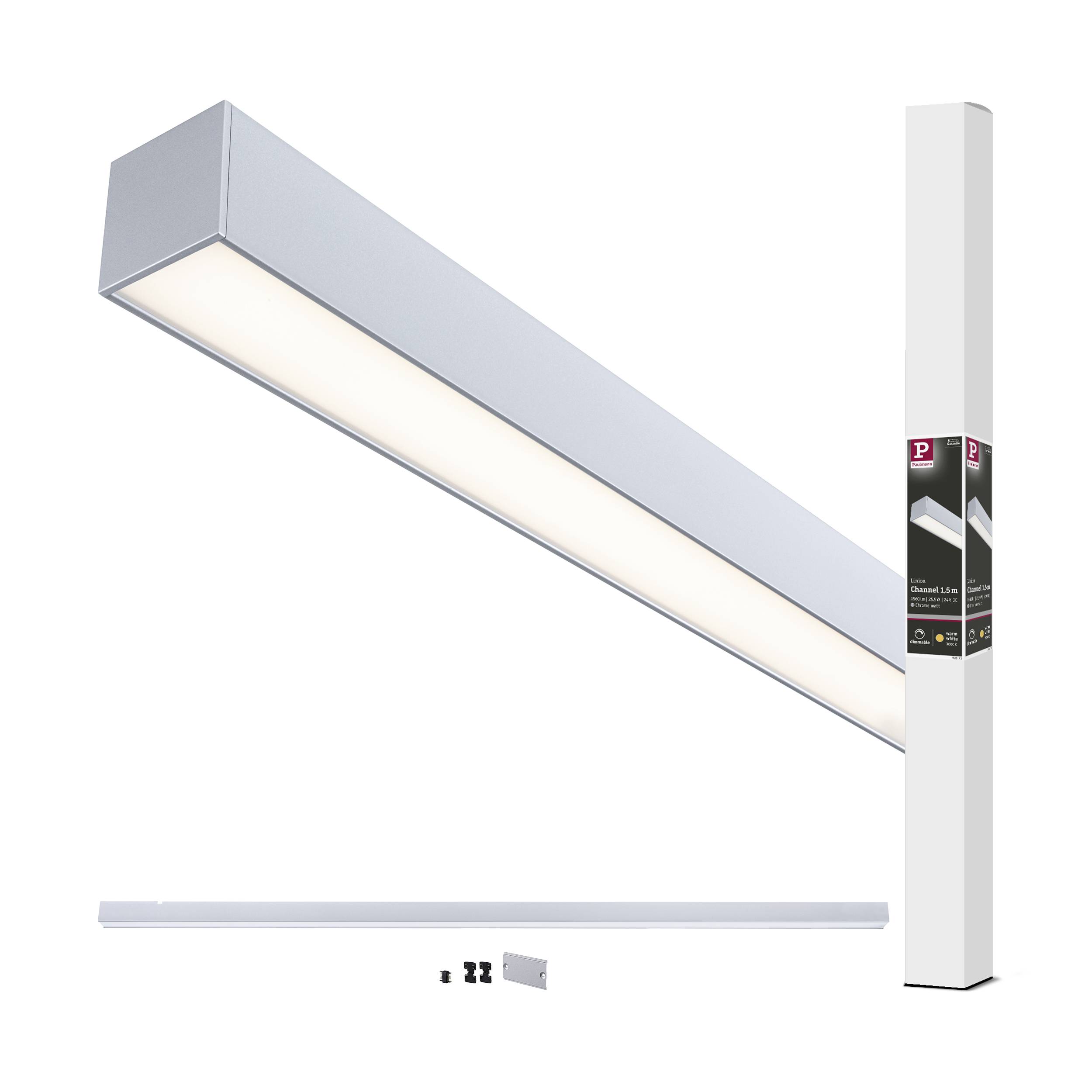 LED-Lichtleiste in silberner Farbe, zeigt Montagezubehör und Verpackung. Geeignet für flächenbündigen Einsatz in Innenräumen.