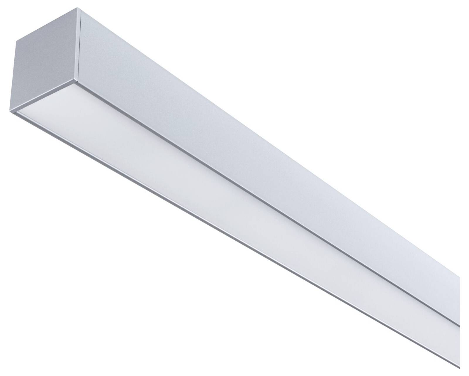 Eine rechteckige, moderne LED-Deckenleuchte in Silber, die schräg von links oben nach rechts unten verläuft.