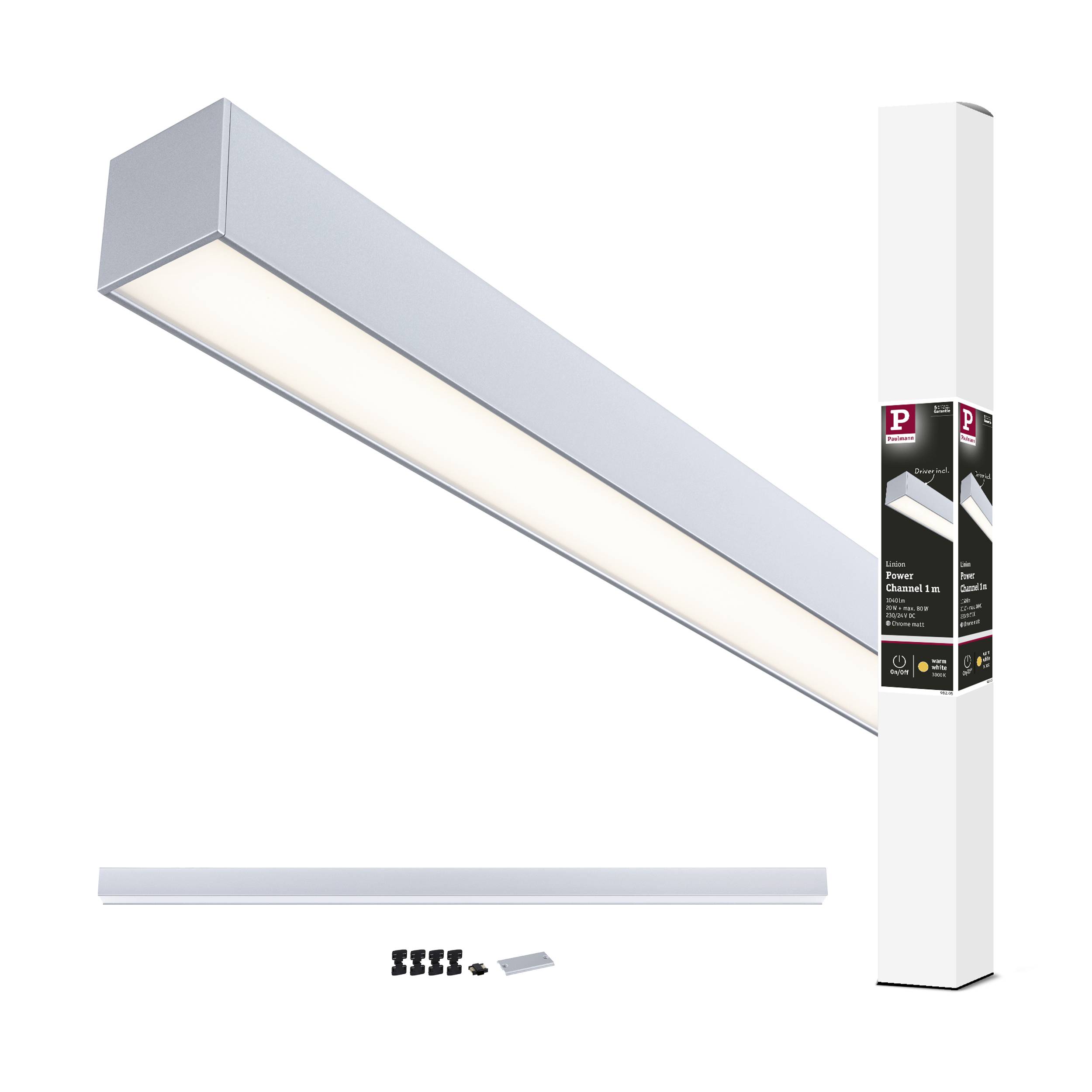 Langes, rechteckiges LED-Lichtpanel, weißes Gehäuse, mit Zubehör und Verpackung. Ideal für moderne Deckeninstallationen.