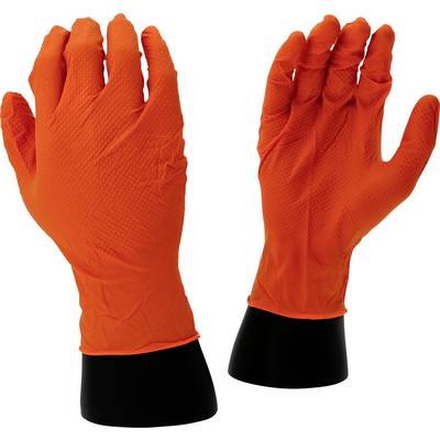 Zwei orange Schutzgummihandschuhe auf schwarzen Haltern.