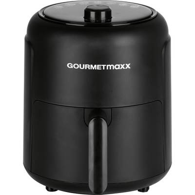 Eine schwarze Heißluftfritteuse mit Griff und Bedienknopf oben, Marke 'GOURMETmaxx'.