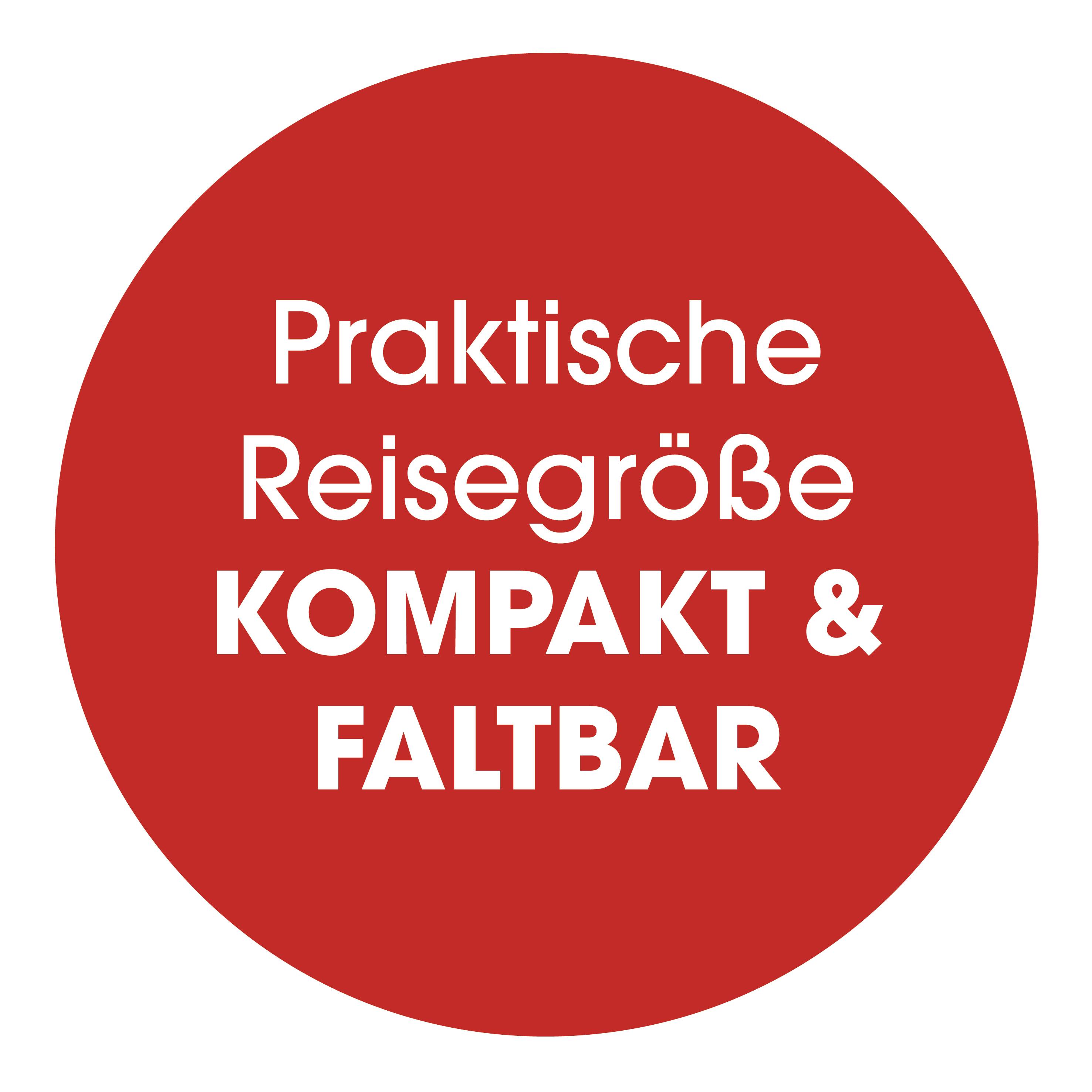 Roter Kreis mit weißem Text: 'Ideal für kleine Wohnungen, Reisen, Hotels, Camping & Co.'