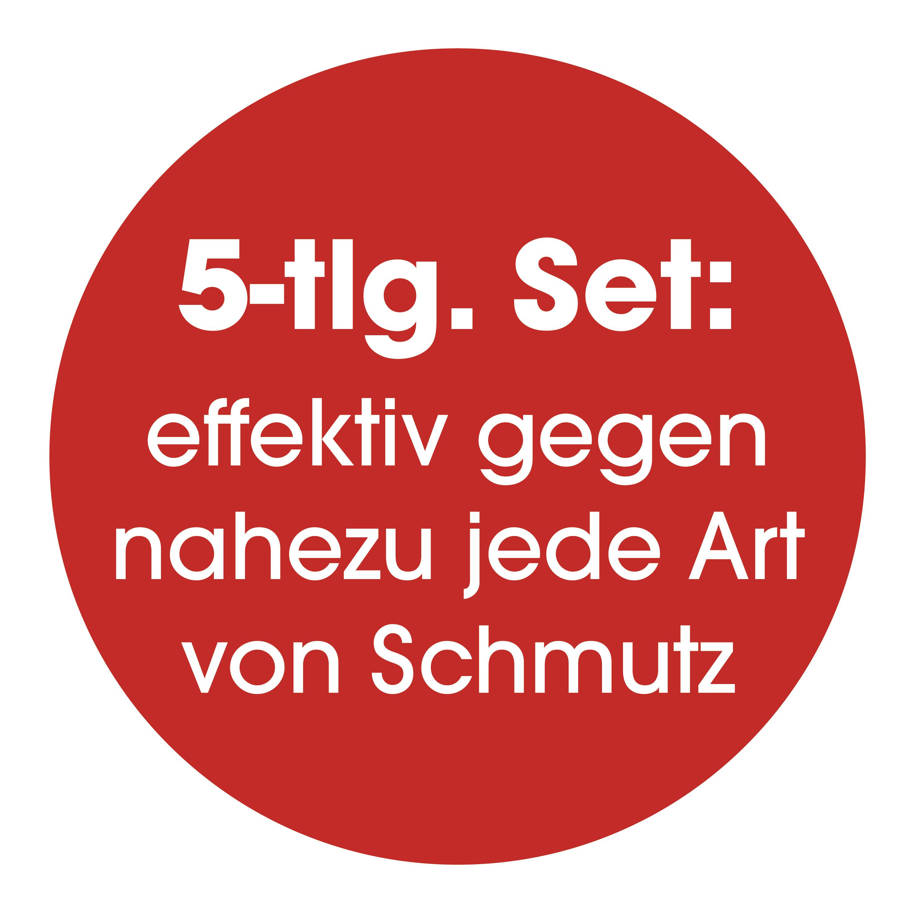 Roter Kreis mit Text: '5-tlg. Set: effektiv gegen nahezu jede Art von Schmutz'.